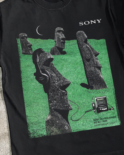 1994 Sony 'Easter Island' Walkman Md Heavy Faded Black Tee